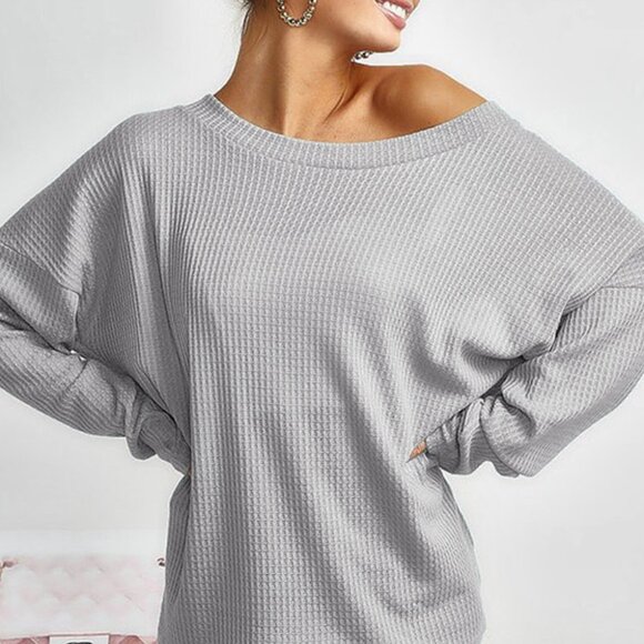B031 Gray V Cut Drawstring Back Waffle Knit Long Sleeve Top - Picture 3 of 5